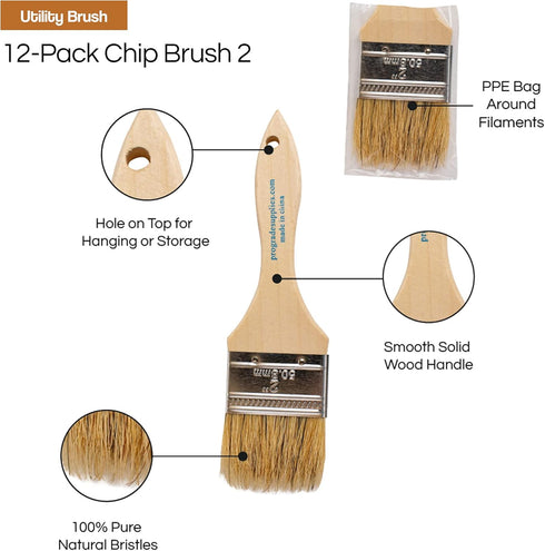 Vermeer Chip Paint Brushes - 12-Pack - 2" Chip Brushes for Paints, Stains, Varnishes, Glues, & Gesso - Home Improvement - Interior & Exterior Use...