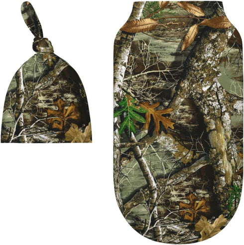Autumn Hunting Tree Camo Baby Newborn Swaddle Blanket with Beanie Hat Set, 100% Cotton Receiving Blankets Sleep Sack for Boy & Girl Newborn Shower...