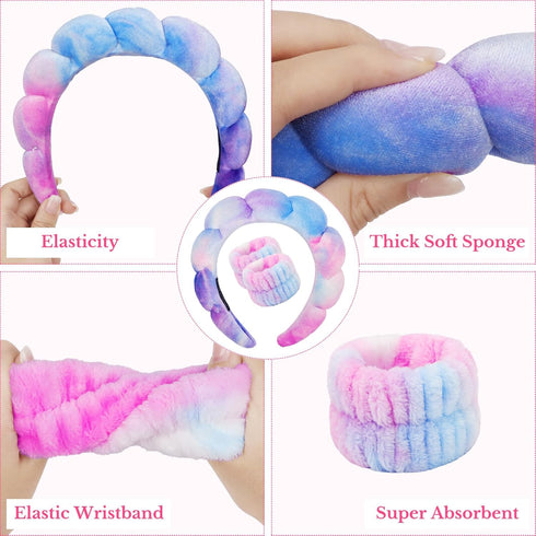CAVETEE Spa Headband With Sleep Eye Mask Set, Spa Party Decorations Bubble Headband Thick Sponge Headband with Strong Water Absorption for Makeup ...