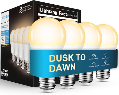 MikeWin Dusk to Dawn Light Bulbs,A19 12W(100W Eqv.) Sensor LED Bulb,Auto On Off,Photocell Detector,3000K Warm White, E26,Security Lighting for Ind...