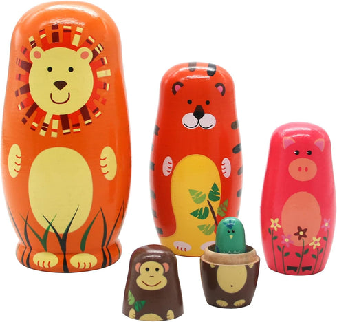 Russian Nesting Dolls for Kids, Stacking Wooden Handmade Matryoshka Dolls, 5 Piece Cute Cartoon Animal Pattern, Great Toy Gift for Girls Boys' Bir...
