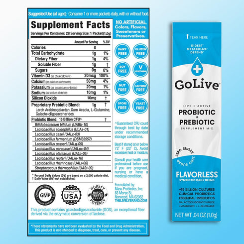 GoLIVE PROBIOTIC + PREBIOTIC SYNBIOTIC POWDER BLEND, Flavorless/Sugarless,for Women, Men & Kids For Better Gut Health,Digestion,Metabolism,Immunit...