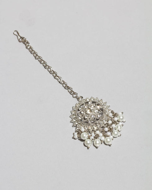 Silver Toned Indian Headpiece Maang Tikka With Earrings For Women...