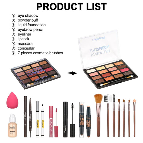 All in One Makeup Kit For Women Girls Teens Makeup set 16 Colors Eyeshadow Palette Foundation Eyeliner Contouring Stick Lip Gloss Eyebrow Mascara ...