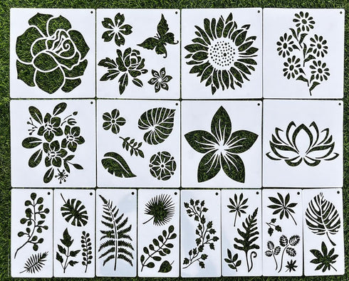 Flower Stencils for Crafts Reusable 16pcs with Snap-ring, 8inch Floral Vine Leaf Butterfly Templates for DIY Card Making,Drawing Creating on Wall,...
