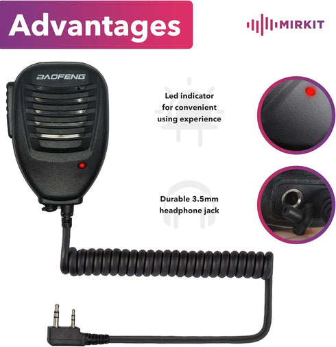 MIRKIT 2pcs Baofeng Mic for Two Way Radio Most Wanted Among Baofeng Accessories, Radio Shoulder Mic with Reinforced Cable, Noise Reduction, Spring...