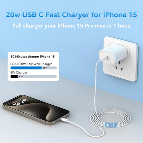 iPhone 15 Pro Charger Fast Charging, 20W USB C Fast Charger Block with 10ft Long USB C Charging Cable Cord for iPhone 15/15 Pro/15 Pro Max/15 Plus...
