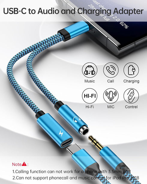 USB C Headphone and Charging Adapter Splitter, (2Pack) 2 in 1 USB C to 3.5mm Headphone Aux Audio Jack and PD Charger Adapter for Google Pixel 8 7P...