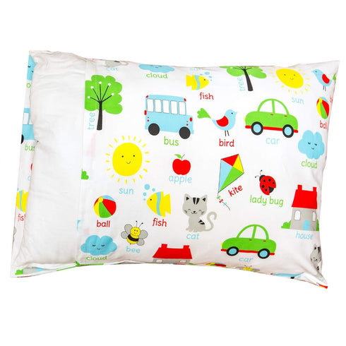 Toddler Kids Pillowcase for Boys and Girls - Words - 13x18 14x19 shrinks to fit - 100% Cotton - Envelope Style Closure - Machine Washable Soft Dur...