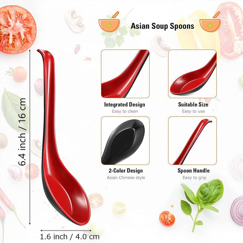Comicfs Asian Soup Spoons - 8 Piece Set, Large Japanese Soup Spoons for Soba, Rice, Pho, Ramen, Won Ton, Hook Style (Red & Black)...