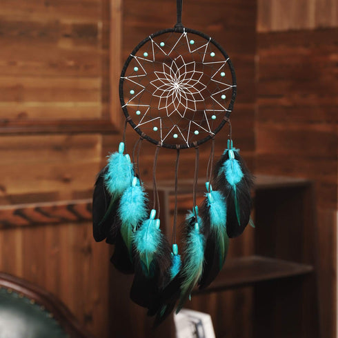 Dream Catcher with Bicolor Mesh, Handmade Dark Tone Dreamcatcher with Black and Turquoise Feather Wall Hanging Decoration...