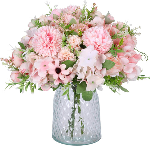 Nubry 3pcs Artificial Flowers Bouquet Fake Peony Silk Hydrangea Wildflowers Arrangements with Stems for Wedding Home Centerpieces Decor (Light Pin...