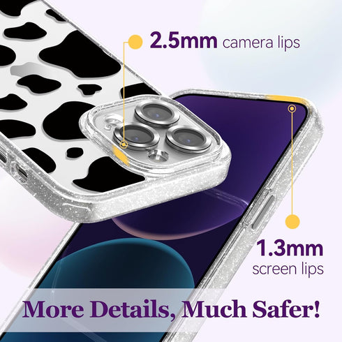 Compatible for iPhone 14 Pro Case Cute Aesthetic - Glitter Clear Phone Case with Camera Protector - Milk Cow Print Cover with Wrist Strap Design f...