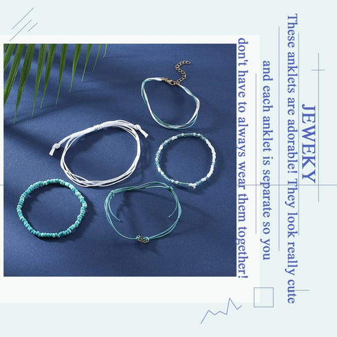 Boho Layered Turquoise Anklets Blue Ankle Bracelets Wax Rope Beach Foot Jewelry for Women...