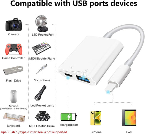 Lightning to USB Camera Adapter with Charging Port for iPhone Portable USB 3.0 Female OTG Cable for iPad to Connect Card Reader USB Flash Drive U ...