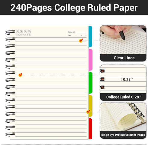 EUSOAR Notebook 5 Subject with Tabs, 1pcs A5 5.5"x8.3" Spiral College Ruled Writing Pad, 100GSM 120Sheets/ 240Pages of Lined Paper, Thick Hardcove...