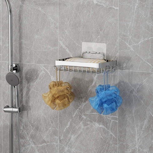 Shower Soap Holder with 4 Hooks, 304 Stainless Steel Adhesive Soap Dish, Silver...