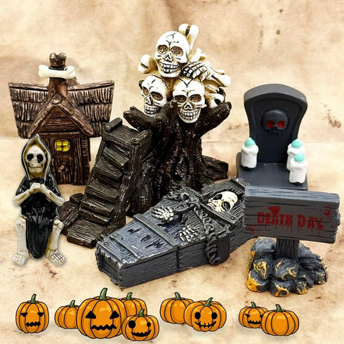 Halloween Miniature Figurines - 18Pcs Resin Ghost Tombstones Skull Heads Scene Ornaments Halloween Garden Accessories Mini Halloween Decorations f...