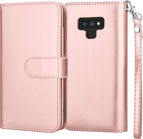 Njjex Luxury Wallet Case for Galaxy Note 9 - PU Leather, 9 Card Slots, Detachable, Kickstand, Magnetic Phone Cover with Wrist Strap - Rose Gold...