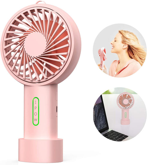 IPOW Mini Handheld Fan Personal Portable Fan 3 Speed Adjustable Angle Removable Base Lanyard USB Recharging Battery Operated Small Desk Cooling Fa...