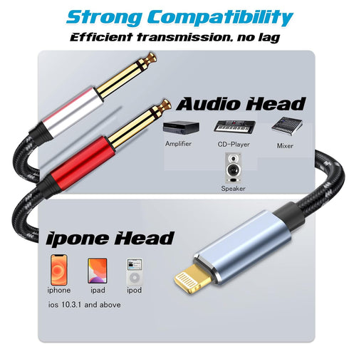 Lightning to Dual 6.35mm 1/4" TS Mono Stereo Y-Cable Splitter Lightning to Dual 1/4 inch Audio Cable Compatible for iPhone12/11/X/XS/XR/8/7/iPad,A...