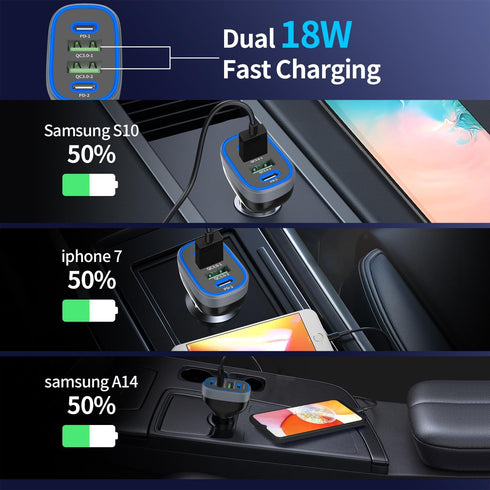 USB C Car Charger, Meagoes 72W 4 Ports Super Fast Automobile Charger Compatible for iPhone 15 Pro/Max/14/13/12/11/iPad Air, Samsung Galaxy S23 Plu...
