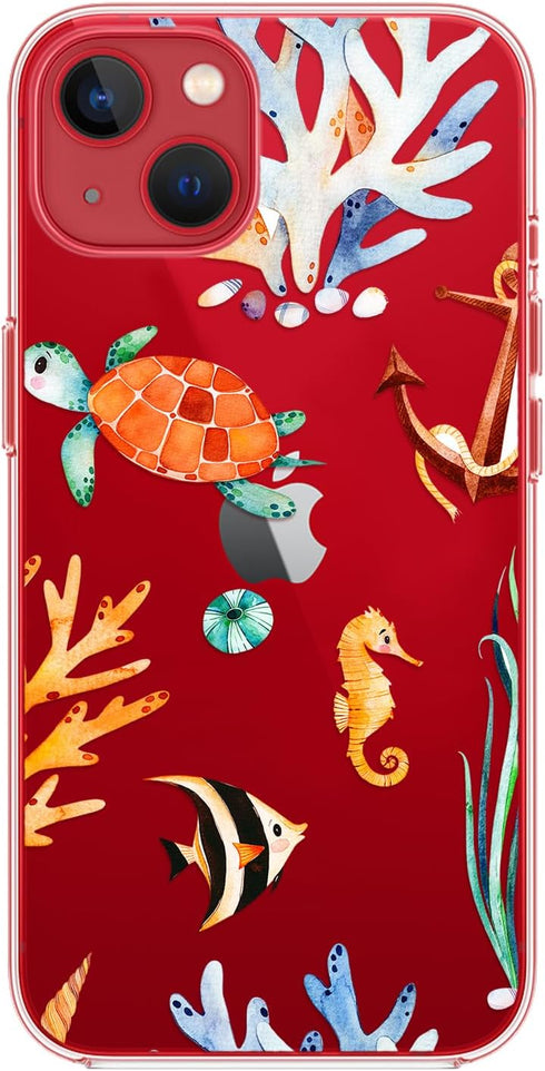 for iPhone 12 Case (6.1 inch), Fun Turtle Design with Ocean Fish Pattern Cute Animal Beach Style Transparent Soft TPU Protective Clear Case (Ocean...