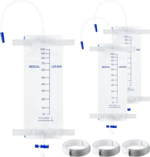 3 Pcs 1000ml Leg Bag Urinary Drainage Bag with Tubing, Urine Collection Bag with Elastic Straps & Anti Reflux Valve, Disposable Urine Leg Bag for ...