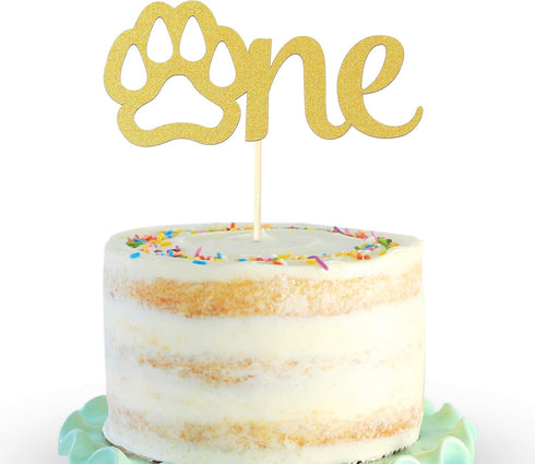 Gold Paw One Cake Topper - Golden Glitter Cardstock 1st Birthday Cake Smash Party Decoration Supplies for Baby, Single Sided Dog Paw First Birthda...