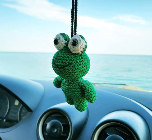 Handmade Frog Crochet Car Rear View Mirror Holder, Hanging Accessories Ornaments Cute Rearview Mirror Charm Decor, A Gift for Frog Lovers Car Hang...