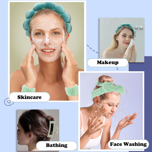 7Pcs Spa Headband and Wristband Set, Face Wash Headband Makeup Skincare Headband Wrist Bands Thick Puffy Sponge Bubble Headband Wrist Scrunchies C...