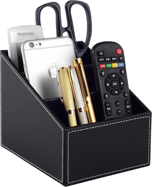 Fashionable PU Leather TV Remote Control Holder with 3 Compartments, Storage Rack, Storage Box, Media Accessory Storage, Desk Organizers (black)...