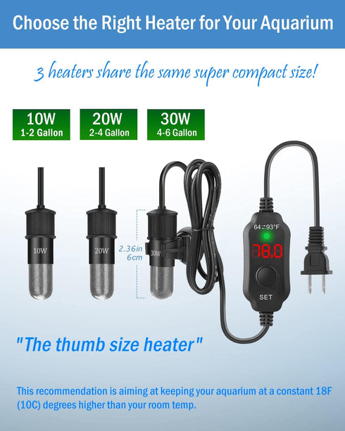 AquaMiracle Adjustable 20W Small Aquarium Heater Submersible Fish Tank Heater Betta Heater Turtle Heater Super Mini Aquarium Heater with Digital D...