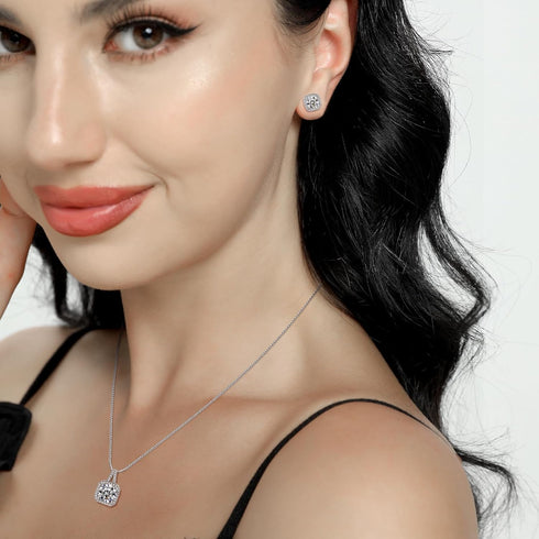 Cubic Zirconia Earrings and Necklace Set for Women 14K White Gold Plated Square Jewelry Set for Women Silver Pendant Necklace Hypoallergenic Stud ...