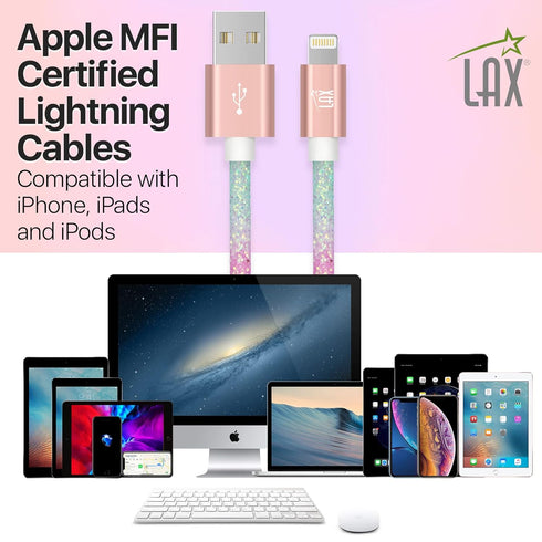 LAX Gadgets USB A to Lightning Cable - Glitter Apple MFI Certified Lightning Cable for iPhone, iPad, iPod - Durable Nylon Braided Fast Charging Ca...