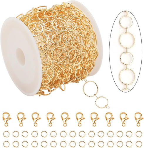 KYUNHOO 16.4ft/5m Chain for Jewelry Making Solid Brass Round Circles Link Chain Spool Necklace Earring DIY Jewelry Supplies Gold Plated Bulk Chain...