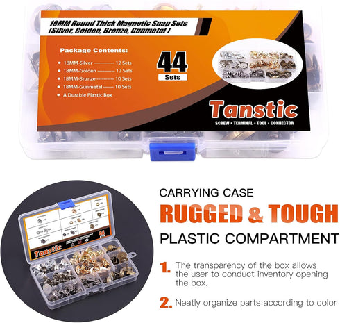 Tanstic 44 Sets 4 Color 18MM Round Magnetic Snap Sets, Strong Magnetic Button Clasps Double-Sided Magnetic Leather Snaps for Clothes, Jackets, Jea...
