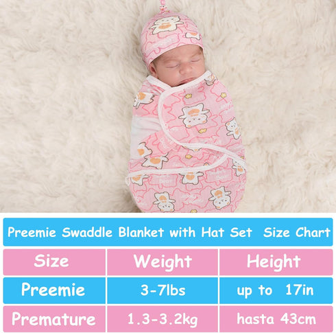 3 Pack Preemie Swaddle Blanket with Hat Set Preemie Hats Baby Receiving Blanket Swaddle Wrap for Preemie Newborn (Cute Style)...