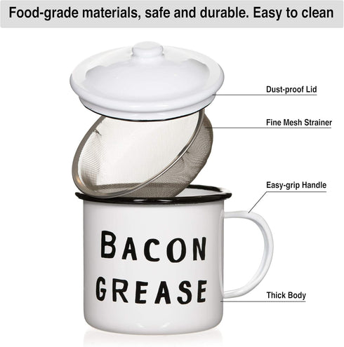 Golden Hills Mercantile Bacon Grease Saver with strainer - rustic mid-century modern farmhouse design, white enamel on metal, 4 inch x 4 inch vint...