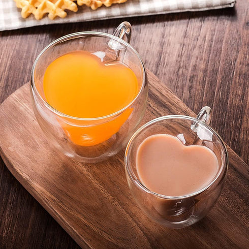 2 Pack/Set Heart Shaped Double Layer Drinking Glass Mug Heat Resistant Milk Lemon Juice Cup Tea Cups Coffee Mugs Gifts 150ML...