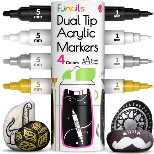 4 Dual Tip Acrylic Paint Pens - Fine Tip & Medium, Permanent & Waterproof - Acrylic Paint Markers for Rock Painting, Canvas, Wood, Ceramic, Glass,...