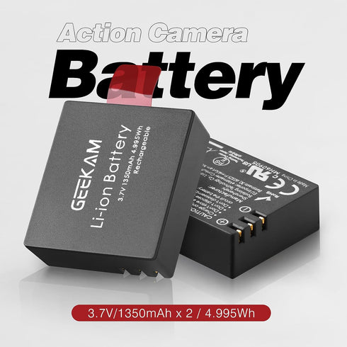 Action Camera Battery Pack, 1350mAh Rechargeable Battery(3-Pack) with USB Dual Charger for Sports Camera, Compatible with AKASO EK7000/CAMPARK/CRO...