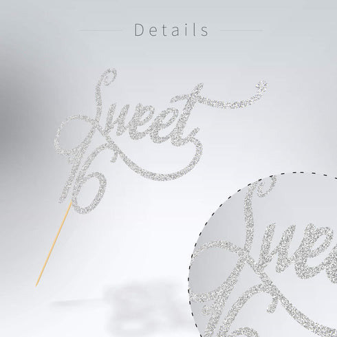 Silver Glitter Sweet 16 Cake Topper - Happy 16th Birthday - 16th Anniversary Party Decoration Supplies Sweet Sixteen Cake Topper...