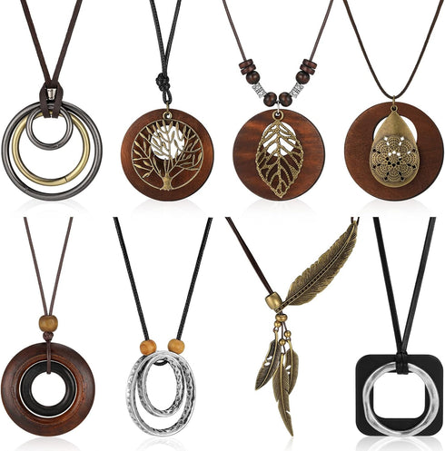 8 Pcs Long Wooden Pendant Necklaces for Women Bohemian Sweater Necklace Set Wooden Faux Leather Long Necklaces for Women Men Vintage Necklace Boho...