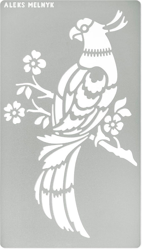 Aleks Melnyk No.471 Metal Stencil, Bird on Tree Branch, Parrot, Branches with flowers, Wild Animal, Small Stencil, 1 PC, Template for Wood Burning...