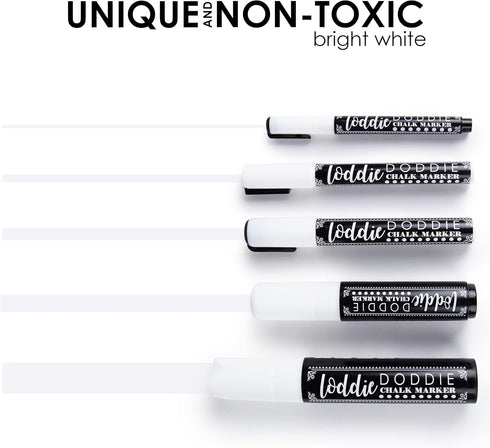 Loddie Doddie White Chalk Markers for Signs, Blackboard, Car Window, Glass - 5 Unique Tips - Ultra Fine, Fine, Medium, Broad & Jumbo Tips - Erasab...