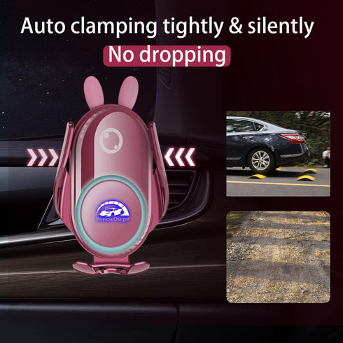Wireless Car Charger Mount, Auto-Clamping,15W Dashboard Vent, Pink Cute Car Phone Holder Women for iPhone 14 13 12 11 Pro SE 11 XS Max XS XR X,Sam...