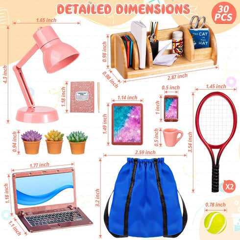 Mini School Supplies, Doll School Supplies Includes Mini Doll Tennis Racket, Laptop, Bookshelf, Tablet, Desk lamp for Dolls Accessories Set...