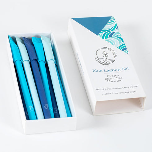 eco-friendly pen - crafted from 100% recycled paper, plastic-free, black Ink, pack of 10, Blue Lagoon set...