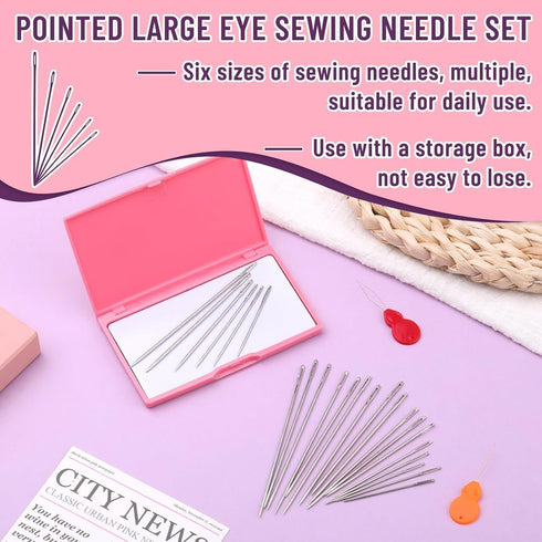 FOUSNOW 40 Pcs Large Eye Sewing Needles with Magnetic Storage Box, 6 Sizes Hand Sewing Needles, Stainless Steel Sharp Darning Needles, Thread for ...
